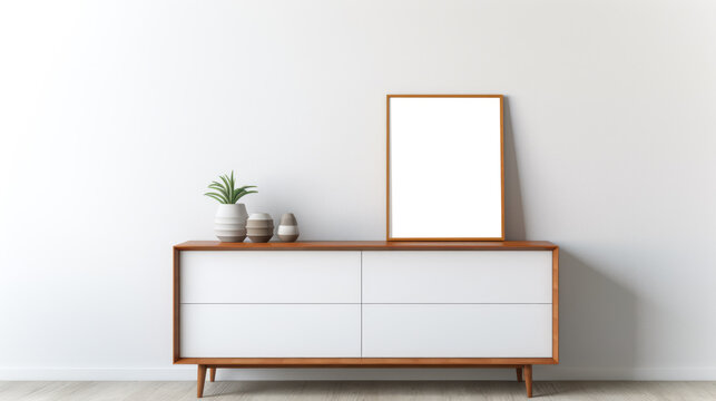 Modern white room with wooden cabinet and empty frame for artwork display. Minimalist design. Generative AI