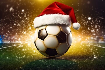 Fototapeta premium Close up of soccer ball with santa hat in sports stadium. A sanny day at the football stadium.