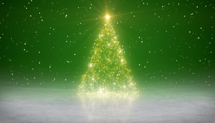 Illustation of a shiny Christmas tree with glitter effect on green background. - Vacation concept - Abstract background. - 686499590