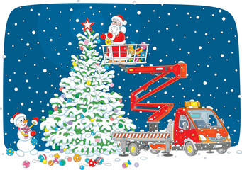Santa Claus and a funny snowman decorating a snowy tall Christmas tree with colorful holiday toys, balls, garlands and sweets using a red truck crane, vector cartoon illustration - obrazy, fototapety, plakaty
