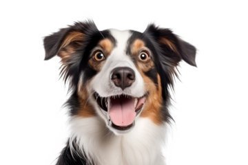 Cute fluffy portrait smile Puppy dog that looking at camera isolated on clear png background, funny moment, lovely dog, pet concept.