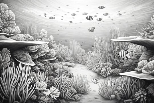 a coloring book page of an underwater scene