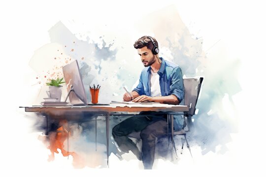 A watercolor painting illustration of a man working on his desk