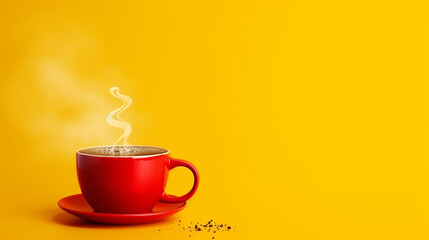 red cup of coffee with space for text design on yellow background