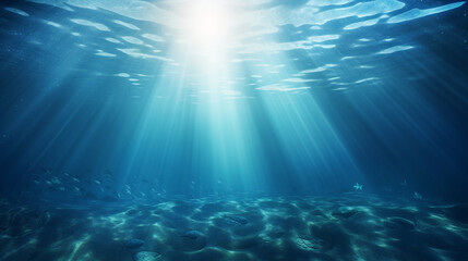 Sea Calm underwater scene with sunrays reaching the seabed - obrazy, fototapety, plakaty