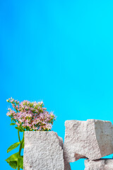 Pieces of gray limestone on blue background with flowers