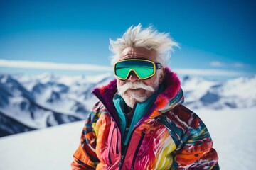 Senior man in ski goggles and colorful jacket standing on top of snowy mountain - obrazy, fototapety, plakaty