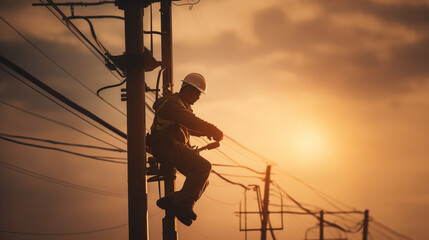 Man working on an electrical pole