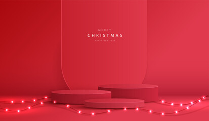 Podium shape for show cosmetic product display for christmas day or new years. Stand product showcase on red background with lighting christmas. vector design.