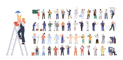 People cartoon character different profession, job occupation and specialization isolated on white - obrazy, fototapety, plakaty