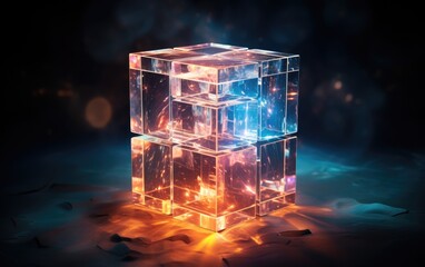 Cube in a glass with colorful light glow.