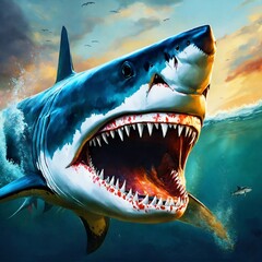 concept art of a megalodon shark, blind, full of scars, oil painting style, highly detailed, brush...