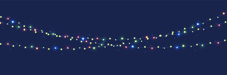 Christmas lights design elements. Glowing lights for christmas holiday on blue background. garlands, christmas party decorations. vector design.