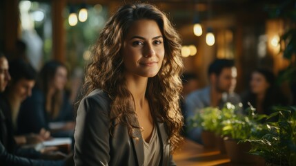 Portrait of a smiling brunette sitting at a table in a public place. Successful girl, business woman