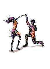 Abstract dancing couple decorated with splashes, waves, notes. Hand drawn vector illustration  for t shirts, covers,  wallpaper, greeting cards, wall-art, invitations.
