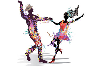 Abstract dancing couple decorated with splashes, waves, notes. Hand drawn vector illustration  for t shirts, covers,  wallpaper, greeting cards, wall-art, invitations. - obrazy, fototapety, plakaty