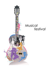 Musical design with a guitar with dancing people. Hand drawn musical illustration. - 686502992