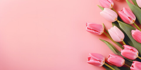 A beautiful composition of spring flowers. A bouquet of pink tulip flowers on a pastel pink background. Valentine's day, Easter, birthdays, women's day, mothers day. Flat lay, view from the top