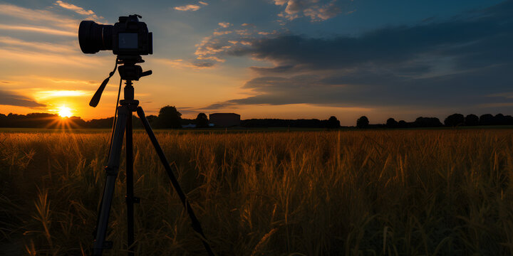 Silhouette of a photography tripod camera who shooting a sunset