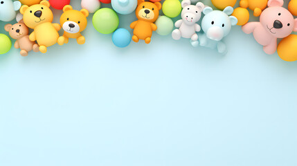 Baby kids toy frame background. Teddy bears, colorful wooden educational, sensory, sorting and stacking toys for children on light blue background. Top view 3d rendering. generative ai.