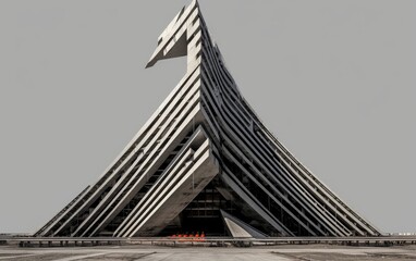 A unique futuristic cement building in the background.