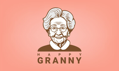 Vector graphic simple portrait of a cute beautiful happy smiling gray-haired granny in glasses on a delicate peach background. Logo, emblem or sticker.