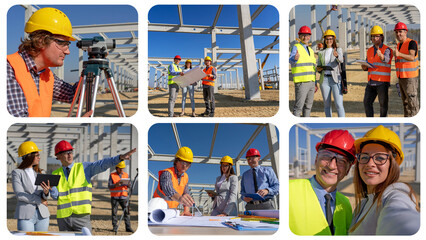 Construction Project Team in Hardhats Working at Construction Site - Photo Collage. Concrete Construction of a Future Factory. Business, Building, Teamwork and Gender Equality Concept.