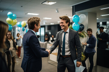 A new male employee gets a warm welcome from an office manager and other staff on the first day of a meeting, a welcome celebrating party for new staff at an office company. Generative AI.