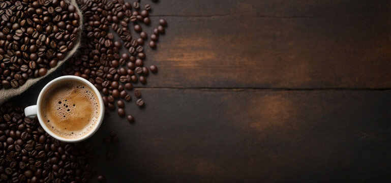 Top view of espresso in a coffee cup and roasted coffee beans on a rustic wooden table with copy space. Website banner image.