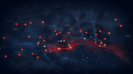 Location tracks dashboard. City street road. City streets and blocks, route distance data, path...
