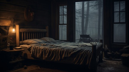 A cozy rustic cabin bedroom with a messy bed and a misty window with foggy dark forest outside, somber, mysterious, solitude, cabin, foggy, introspective, melancholic