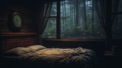 A cozy cabin bedroom with a rustic bed and a misty window with foggy forest outside, somber,...