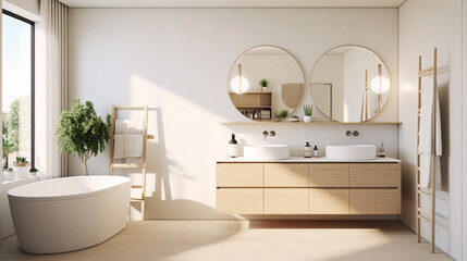 A minimalist apartment modern bathroom with bathtub two round glass mirror and cabinets in natural earthy color palette, light yellow and light indigo 