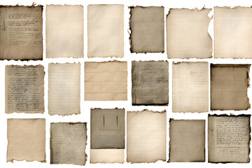  paper collage backgrounds made of antique documents with handwriting and book pages, neutral...