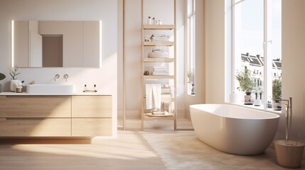 Fototapeta na wymiar A minimalist apartment modern bathroom with bathtub mirror and cabinets in natural earthy color palette, light yellow and light indigo 