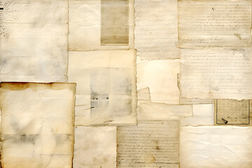  paper collage backgrounds made of antique documents with handwriting and book pages, neutral colors, ideal for ATC, mail art, journal. generative ai.