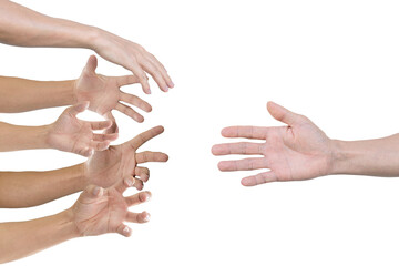 Hand reaching for helping hand, Isolated on transparent background.
