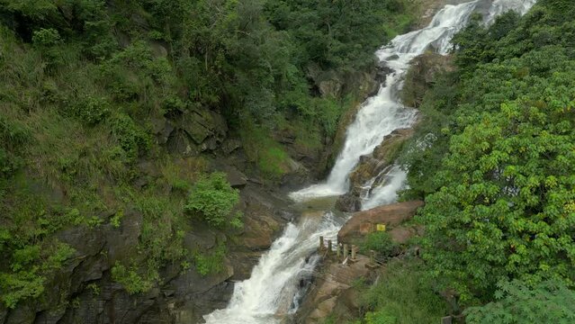 Closeup Establishing Aerial Drone Shot of Ravana Falls in Ella Sri Lanka
