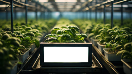 Mockup billboard amidst young greenhouse seedlings, controlled environment agriculture. Display innovation concept. Generative AI