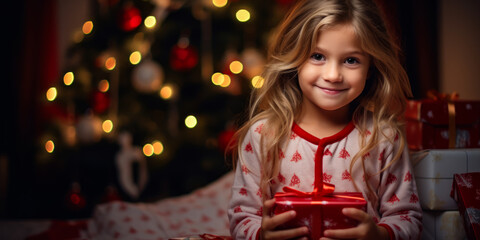 Smiling girl in Christmas pajamas holding a red gift, festive tree and lights in the background Generative AI
