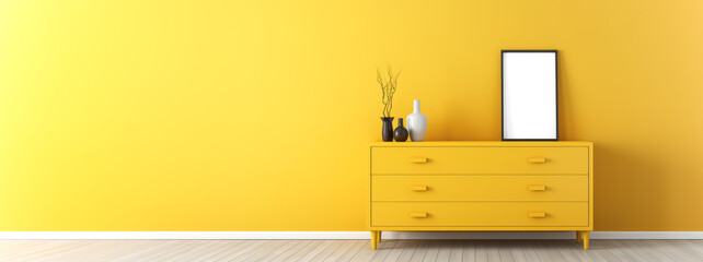 Vibrant yellow wall with modern dresser and blank picture frame. Generative AI - obrazy, fototapety, plakaty