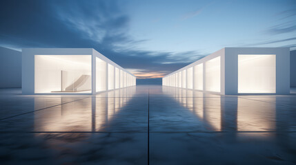 Minimalist architecture with long corridors and sunset horizon. Modern design. Generative AI