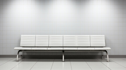 Minimalist white airport bench against a blank wall, clean design. Generative AI