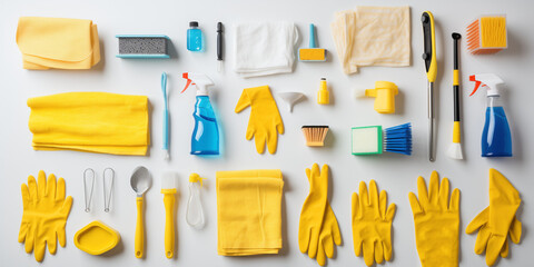 cleaning with rubber gloves set concept - obrazy, fototapety, plakaty