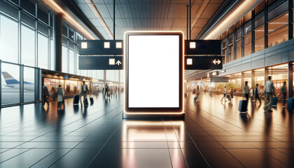 Airport terminal with a blank billboard, busy atmosphere. International travel advertising concept. Generative AI - obrazy, fototapety, plakaty