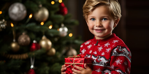 Young boy in festive sweater, presenting a red Christmas gift, decorated tree background. Joy of gifting. Generative AI
