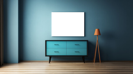 Stylish room with teal accent furniture and blank poster frame. Interior design. Generative AI