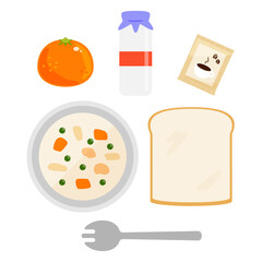 クリームシチューや食パン、昭和のレトロな給食のベクターイラストセット。