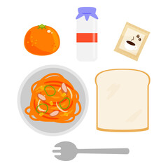 (ナポリタン)スパゲティナポリタンや食パン、昭和のレトロな給食のベクターイラストセット。