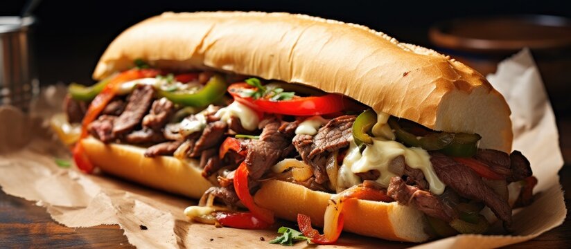 Close-up of philly cheese steak sandwich on table, on parchment paper. Horizontal.